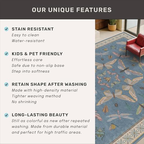 Boho Non Slip Kitchen Rug Runner - 2x5 Blue Washable Thin Rug for Bathroom, Laundry Room, Hallway, Non Slip with Rubber Backing, Insect Print Unique Runner - color: Blue, size: 2' x 5' (Runner)