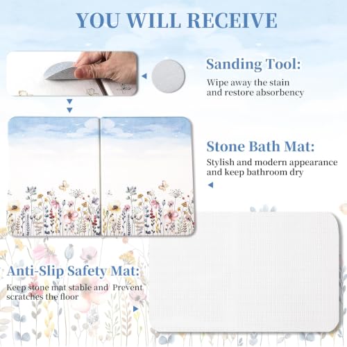 Stone Bath Mat Diatomaceous Earth Shower Mat, Non-Slip Bath Mat for Bathroom, Quick Drying Bathroom Rugs Natural Easy to Clean, 24"×16" (Sky) - color: Sky