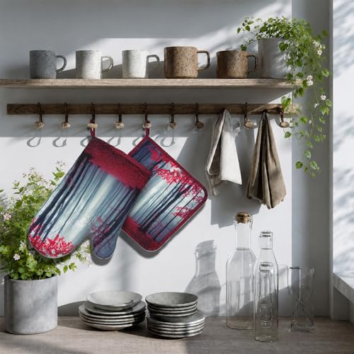 Misty Forest Oven Mitt and Pot Holder with Silicone Woodland Mountain Heat Resistant Kitchen for Cooking BBQ Baking Grilling Cooking Protection - color: Misty Forest