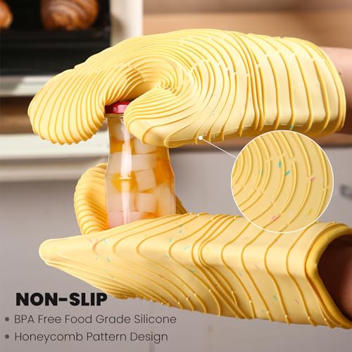 4 Pieces Oven Mitts and Pot Holders of Macaron Color Thickened Non-Slip Silicone Kitchen Gloves, Heat Resistant up to 500F, Essential for Kitchen Baking(makal-Huang) - color: Silicone-yellow
