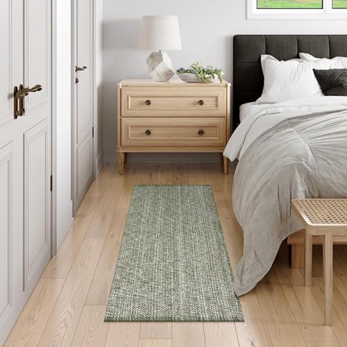 Washable Sage Green Kitchen Runner Rug 2x5 Foyer Hallway Runner Rug | Hand-Woven Reversible Entryway Rug Indoor, Cotton Modern Bedroom Carpet Rugs, Farmhouse Bathroom Rugs, Soft Laundry Room Mat - color: Sage Green/Cream, size: 2' x 5' (Rectangular)
