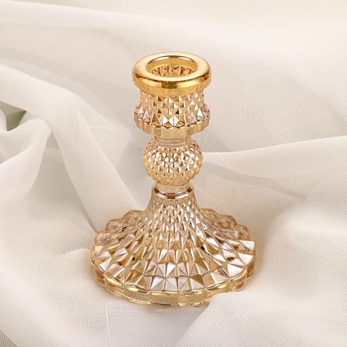 OwnMy Gold Glass Taper Candle Holders Decorative Glass Candlestick Holders | 2PCS Modern Glass Taper Candle Stands, Glass Taper Candlestick Holders for Dining Table Centerpieces Wedding Church Decors