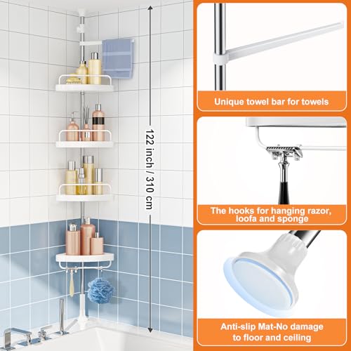 Corner Shower Caddy Tension Pole: Rust Proof 4Tier Shampoo Storage Organizer for Inside Shower - Telescoping Rod Shower Rack for Bathroom and Bathtub - Restroom Floor Standing Bath Rack Holder
