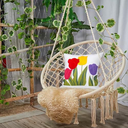 Hahafelt 2Pcs Spring Floral Embroidered Decorative Throw Pillow Covers 18"x 18" Tulip Flower Pillow Covers with Zipper Farmhouse Cushion Cases for Couch Bed Sofa Living Room Bedroom Decor Gift - style: Tulip