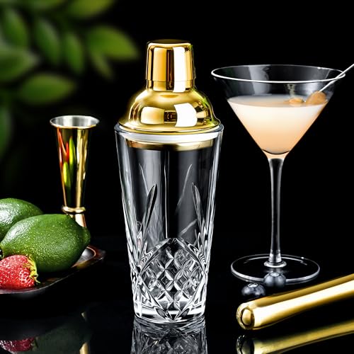 Glass Cocktail Shaker Set with Gold Lid,Cocktail Shaker Glass Kit with Built-in Strainer, Jigger, Bar Spoon & Muddler, Leakproof Glass Shaker for Home Bar, Cocktails, Martini, Gift(4-Piece)