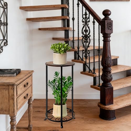 Plant Stand Indoor, 2-Tier Tall Wood & Iron Plant Stand, Heavy Duty Floor Plant Shelf Plant Rack for Patio Living Room Balcony Home Decor