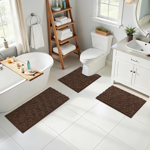 Bsmathom 3 Piece Bathroom Rug Sets, Non Slip Microfiber Bath Mat, Coffee | Plush Water Absorbent Bath Rug Sets with U-Shaped Contour Toilet Mat, Machine Washable Carpet for Bathroom Sink, Shower - color: Coffee