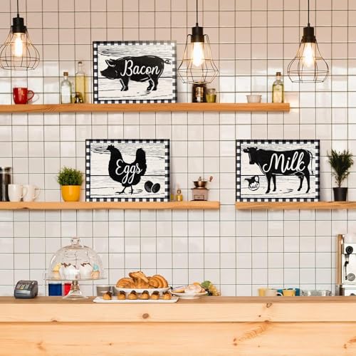 Jetec 3 Pieces Farmhouse Kitchen Decor Wooden Pig Cow Chicken Signs Rustic Buffalo Plaid Wall Art Farm Animal Plaque for Kitchen Home Wall Decorations, 11.8 x 8.8 Inch - size: 11.8 x 8.8 Inch