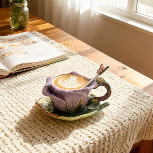 Ceramic Tea Cup and Saucer Set ,6OZ 3D Hand-Painted Flower and Lotus Leaf Coffee Mug,Gift for Women- Pinkish Purple Rose - color: Pinkish Purple