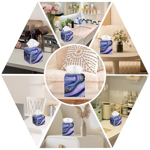 Purple and Gold Marble Tissue Box Cover Square, Abstract Art Tissue Box Holder with Bottom Belt Leather Facial Paper Organizer Dispenser for Bathroom Bedroom Dresser Night Stand Tabletop - color: Purple and Gold Marble