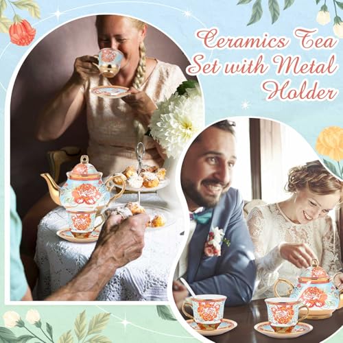 Zhehao 20 Pcs Porcelain Tea Set with Metal Holder and Spoon Adult Ceramic Tea Set European Flower Painting Teapot Cup Saucer Spoon for Women Mom Gift, Large Version (Retro Style) - color: Retro Style