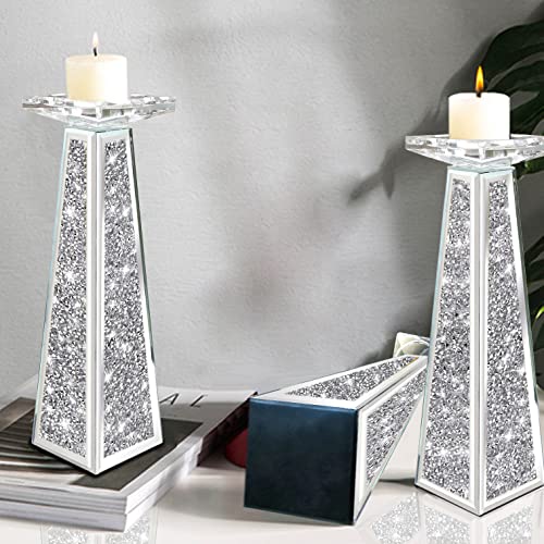 Wocred 2 Piece Candlestick Holders for Holding Pillar Candles, Crystal Crushed Diamond Candle Holders Set Decor for Dinning Room, Silver Glass Votive Candle Holders for Table Centerpiece(12”) - size: 12 Inch Diamond Silver