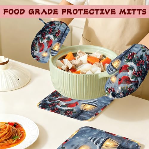 Christmas Berries Heat-Resistant Silicone Oven Mitts and Pot Holder 4 Piece Set,Cardinal Non-Slip Kitchen Oven Gloves for Baking, BBQ, Cooking,Grilling - color: Christmas Berries Cardinal
