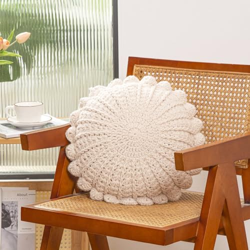 Knitted Throw Pillow Round Couch Pillow (Beige, 18inch) | Include Insert Handmade Decorative Plush Pillow Cute Cushion - color: Beige
