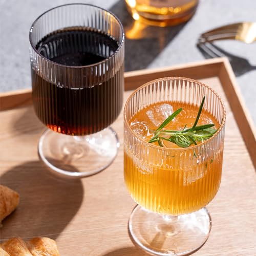 DEAYOU Set of 6 Ribbed Vintage Wine Glasses, 8 oz Clear Interlocking Ribbed Water Goblet Glasses, Unique Short Stem Cocktail Glasses for Iced Tea, Juice, Whiskey, Beer, Dessert, Party