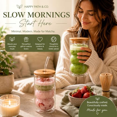 HAPPY PATH & CO. 2 Double Wall Glass Cups with Lids and Straws 16oz (480ml) - Glasses Drinking Set | Glass Tumbler with Bamboo Lid | Ribbed Bubble Glass Cups for Matcha, Coffee and Other Smoothies