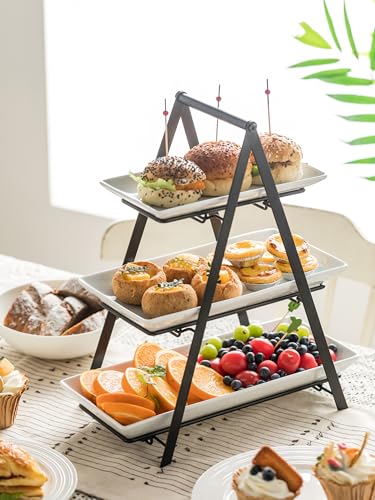 YHOSSEUN 3 Tier Serving Tray Tiered Tray Stand, 10+12+14 Inch, Black | Ceramic Serving Platters and Trays with Metal Rack, Large Serving Trays for Party 3 Tier Serving Stand Dessert Display Set - color: E-black Stand, size: 10+12+14 Inches