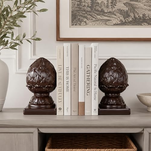 Benjara Ceramic Artichoke Bookends on Square Base, Brown