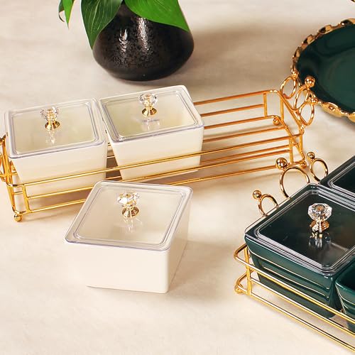 YA JU Ceramic Bowls and with Lid Gold Basket Trays, 3 Removable Small Bowls Condiment Trays Nut Serving Set for Snacks, Fruits, Candy and Condiments - Great for Parties, Holiday Gifts, White - color: White 3 Removable snack Bowls