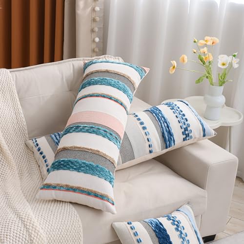 Boho Lumbar Throw Pillow Cover 14x36 Sky Blue | 1 Piece,Durable Fabric,Stripe Pillow Cover,Farmhouse Cushion Case,Chenille Pillow Case,Neutral Pillowcase for Sofa Couch Bed - color: Sky Blue Stripe, size: 36" x 14" (Pack of 1)