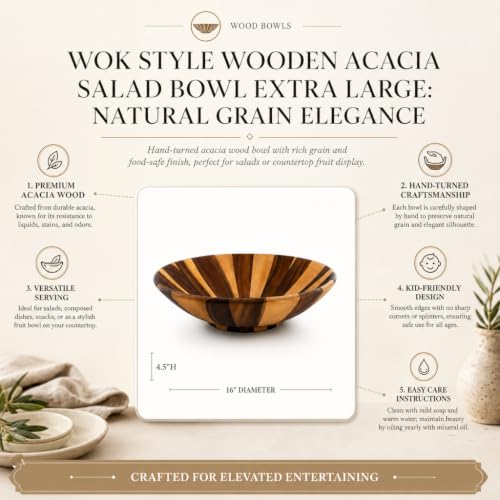 Arthur Court Extra Large Acacia Wood Salad Bowl - Wok Wave Style - 16 Inch Diameter x 4.5 Inch Tall - Perfect for Fruits and Salads - size: Wok
