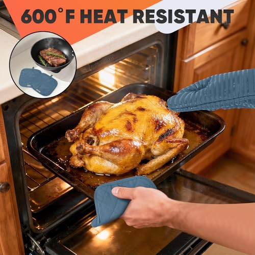Oven Mitts Kitchen Towels and Dishcloths with Pot Holders Sets, Oven Gloves Hot Pads 500°F Heat Resistant with Silicone Grip, Include 2 Cooking Gloves/2 Potholders/4 Kitchen Towels/4 Dish Towels - color: Dusty Blue