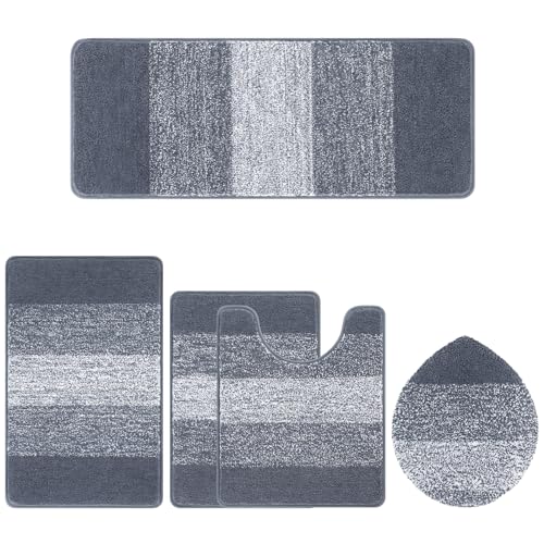 Bsmathom Bathroom Rug Set 5 Piece, Plush Microfiber Bath Mat, Dark Grey | Extra Water Absorbent, Non Slip Washable Runner Bath Rugs with Toilet Lid Cover and U-shaped Contour Toilet Mat - color: Dark Grey, size: 18"x26"+20"x31"+20"x48"+U20"x24"+Cover19"x2