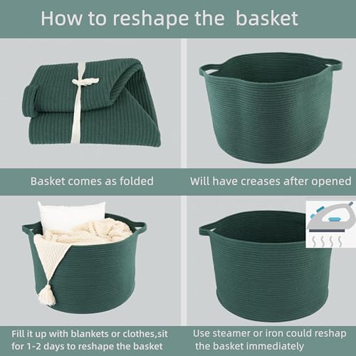XUANGUO Extra Large Cotton Rope Round Storage Basket 22" x 14" Dark Green | Woven basket for blankets, toys, towels, laundry, nursery, living room and pet toy storage. - color: dark green