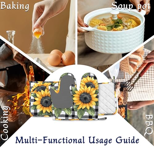 Sunflower Flower Potholders & Oven Mitts Sets Black White Check Plaid Silicone Heat Resistant Oven Mits and Hot Pads Non-Slip Pot Holders Gloves for Kitchen Chef Cooking Baking Grilling BBQ - color: Sunflower Flower,black White Check Plaid