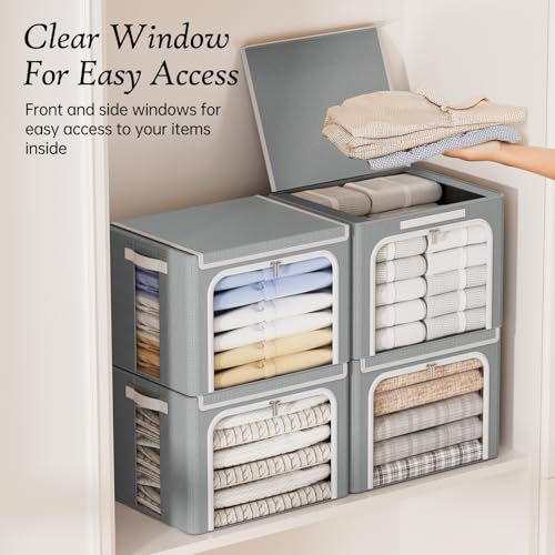 Yecaye Stackable Clothes Storage Bins with Lid, Grey, 40L, 6 Pack | Metal Frame, Foldable, Clear Window & Zippers & PU Leather Handles - color: Grey, size: Medium(6 Pack)