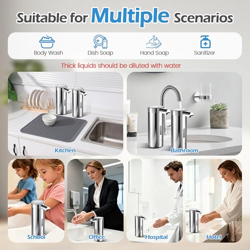 2 Pack Automatic Foaming Soap Dispensers, 360 ML Touchless Automatic Soap Dispenser, USB-C Rechargeable, 3 Levels Adjustable, Waterproof Smart Hand Dispenser for Kitchen & Bathroom, Silver
