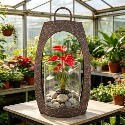21" Twakutwaku Versatile Farmhouse Arch Metal Lantern in Rustic Brown with Handmade Thick Glass Candle Holder for Pillars & Plants, Hurricane Lantern, Glass Candlestick Holder, Glass Vase, Garden - color: Rustic Brown, size: 11"x21"
