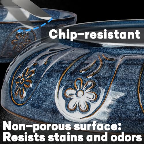 Pasta Bowls, 50oz Large Salad Serving Bowls, 9.75'' Plates Bowls Set of 4, Big Ceramic Soup Bowls for Kitchen, Embossment Shallow Dinner Bowl, Microwave Dishwasher Safe, Pinwheel Flower, Blue - color: Blue (Pinwheel Flower)