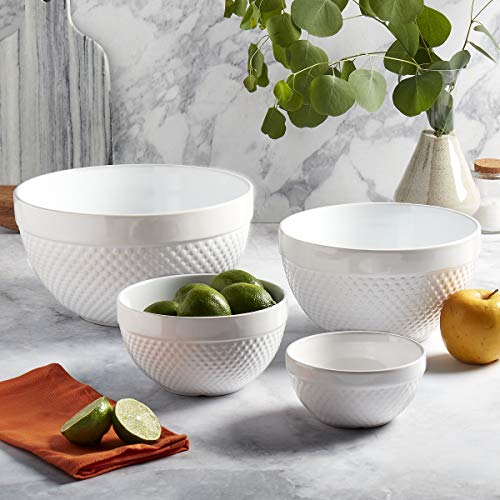 Tabletops Gallery Hobnail Style 4 Piece Classic White Stoneware Nesting Mixing Bowl Set for Baking and Cooking - color: White