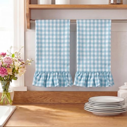 HunnmingRe Light Blue Kitchen Towels Set of 2, 100% Cotton Ruffled Gingham Dish Towels 18"x28" Tea Cloths Classic Plaid Pattern for Farmhouse Charm, Drying Dishes, Entertaining Guests - color: Light Blue, style: Gingham
