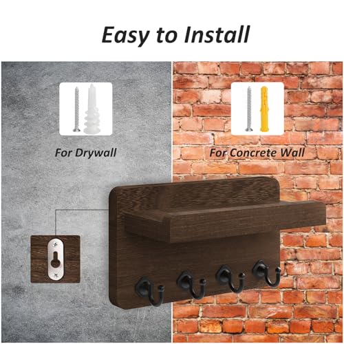 Nekon Key Holder Wall Mount, 8.5 Inch Small Wooden Wall Organizer, Brown | Rustic Wall Shelf, Farmhouse Key and Mail Holder for Living Room Entryway Kitchen - color: Brown