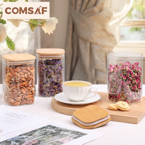 ComSaf Square Glass Containers With Lids 1.2 Qt, Set of 9 Pantry Galss Jars | Food Storage Jar, Kitchen Canisters, Storage Container, Bamboo Lid with Silicone Seal, Cookie, Flour, Spice, Coffee, BPA Free - size: 1.2Qt*9
