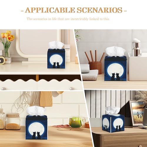 Tissue Box Cover,Black Cat at Night Sky Tissue Box Holder Waterproof Leather Facial Paper Organizer Dispenser for Bathroom Home Car Nightstand Vanity - color: Black Cat at Night Sky