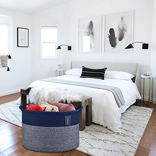 COMSE XXXLarge Woven Blanket & Laundry Basket, 87L, Navy Blue | 21.7" x 13.8", Cotton Rope, Nursery Hamper for Storage of Toys Clothes Towels, Ideal for Living Room Bedroom Bathroom - color: Navy Blue