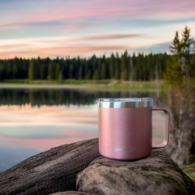 CHILLOUT LIFE Stainless Steel 16 oz - Vacuum Insulated Coffee Mug with Handle and Lid, Large Thermal Camping Coffee Mug Cup with Durable Sliding Lid for Women - Rose Gold - color: Rose Gold, size: 16 Ounces