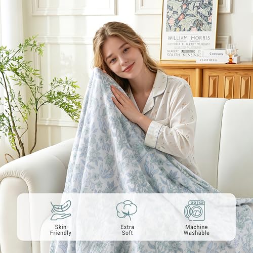 Viviland Cotton Muslin Blanket Reversible Fleece Blanket Lightweight Breathable Gauze Queen Size 90 x 90 Inches, Green Narcissus - color: Green Narcissus, size: Queen Size (90 X 90 Inches)