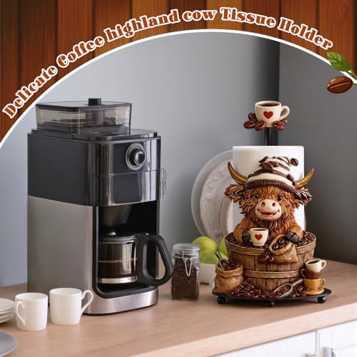 Coffee Beans Highland Cow Paper Towel Holder Coffees Kitchen Decor Farmhouse Metal Highland Cow Bar Accessories Stand with Round Base for Home Bathroom Countertop Toilet Caffee Lover Gifts - style: Coffee Beans