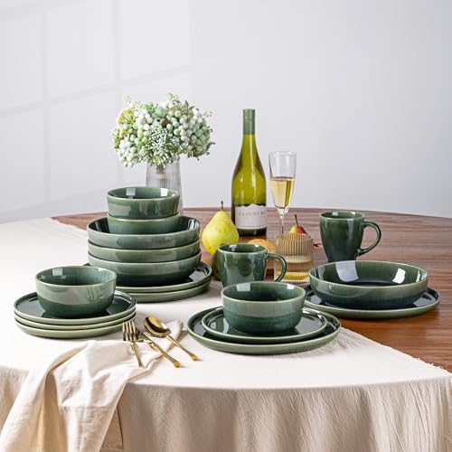 GBhome 8.75'' Large Ceramic Pasta Bowls, 38oz Stoneware Pasta Serving Bowls Set of 4 for Kitchen, Wide Bowls for Fruit,Pasta,Salad,Oatmeal,Meal, Microwave Safe, Reactive Glaze-Earth Green - color: Earth Green