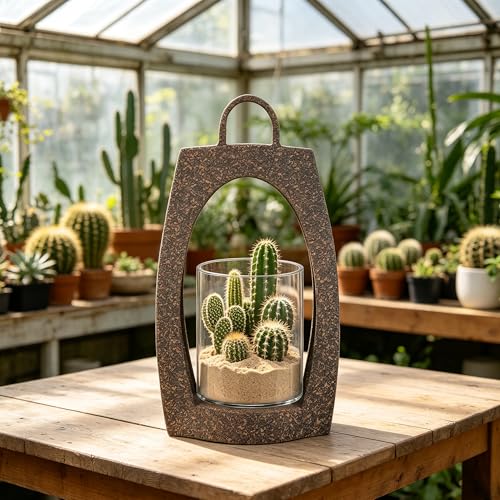 15" Twakutwaku Versatile Farmhouse Arch Metal Lantern in Rustic Brown with Handmade Thick Glass Candle Holder for Pillars & Plants, Hurricane Lantern, Glass Candlestick Holder, Glass Vase, Garden - color: Rustic Brown, size: 8"x15"