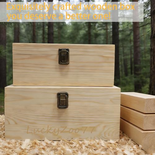 Large Unfinished Wooden Storage Box with Lid & Latch, 2-Pack | Pine Wood Craft Boxes with Bonus Small Box for DIY Crafts & Gifts