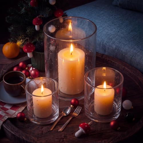 Clear Glass Hurricane Candle Holder Set of 3 Cylindrical Glass Vase Modern Rustic Table Centerpieces for Pillar Candles Wedding Party Home Decor (8 Inch 4.3 Inch 3.5 Inches Height)