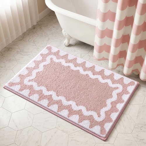 Findosom Bathroom Rugs Sets 3 Piece, Absorbent Soft Non-Slip Bath Rug Set | Washable Microfiber Shaggy Scalloped Bath Mat Set with Bathroom Runner Rug, U-Shaped Toilet Rugs, Shower Rug, Pink - color: Pink & White, size: 18"x26"+18"x48"+U 20"x24"