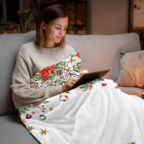 Christmas Throw Blanket, Poinsettia Balls Birds Berries Super Soft Warm Flannel Blankets for Bed Couch Sofa Xmas Winter Botanical Lightweight Fluffy Plush Bed Throws 50x60 Inch - color: White Red, size: 50''x60''