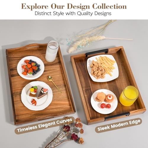 Large Ottoman Tray for Living Room and Coffee Table, Decorative Acacia Wood Serving Tray with Metal Handles for Breakfast in Bed, Dinner Food Kitchen TV (Natural, 20" x 14" x 2") - size: 20" x 14" x 2"