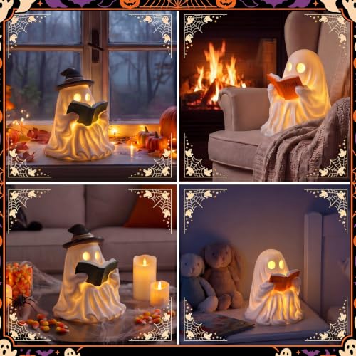 Fumete 2 Pcs Reading Ghost Halloween Decorations - Aesthetic Spooky Resin Light up Cute Ghost Couple with Book, Halloween Indoor Figurines for Mantel, Shelf & Tabletop Cozy Room Party Decor - style: Reading Ghosts